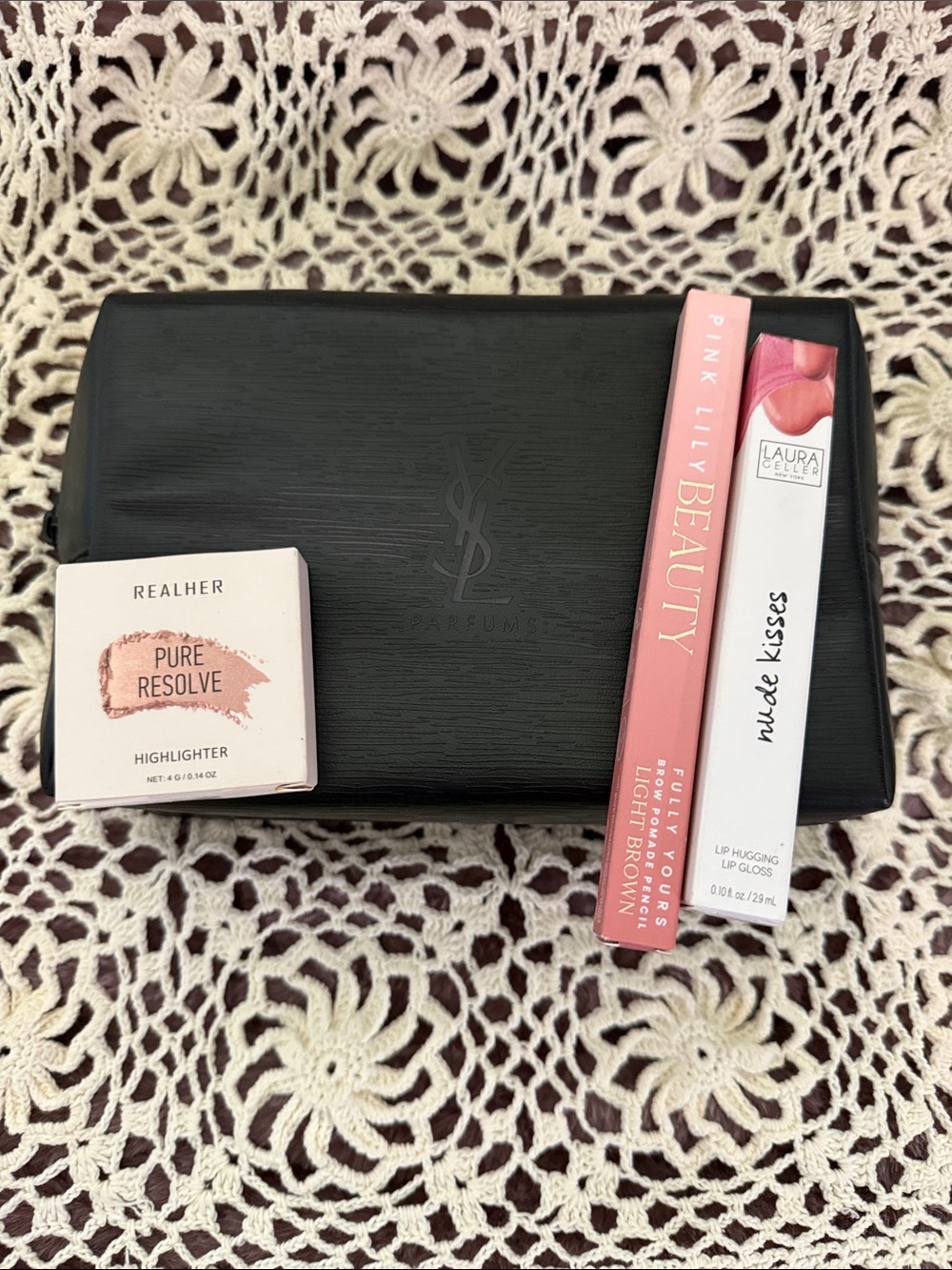 YSL Black Logo Cosmetic Pouch with Lip, Brow & Highlighter Set